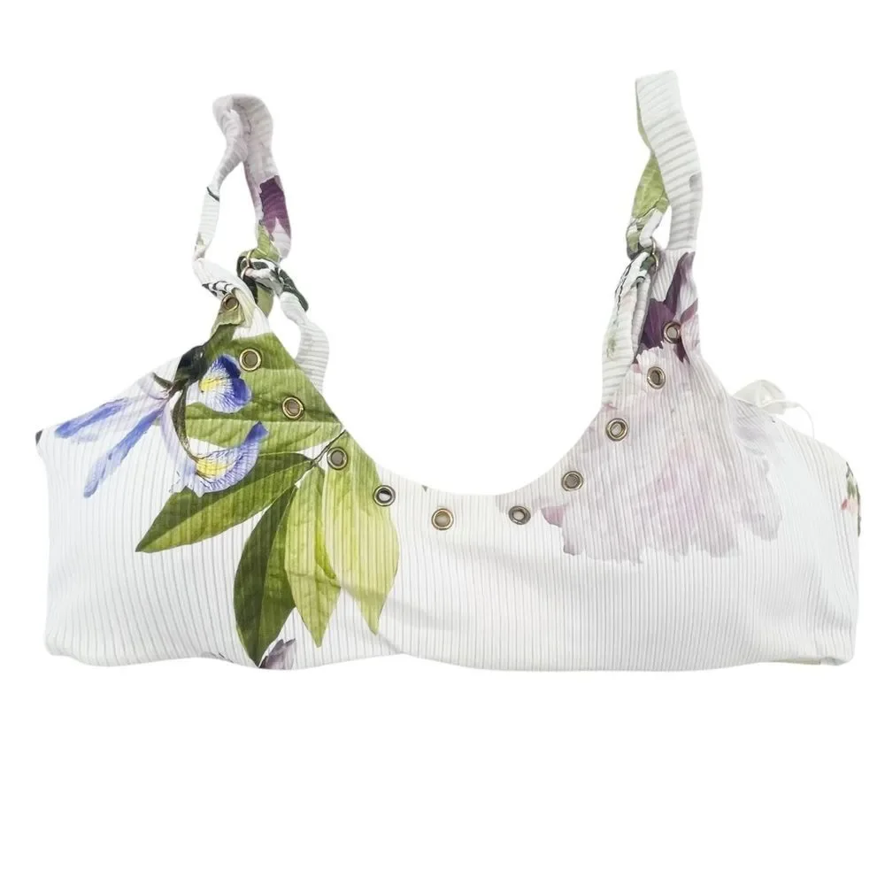 NWT TiniBikini Floral Ribbed Bikini Set S/M Eyelet Detail Swim White Lavender